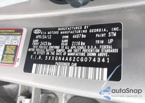 2012 Kia Optima Ex Turbo from USA, damaged, VIN 5XXGN4A62CG074341